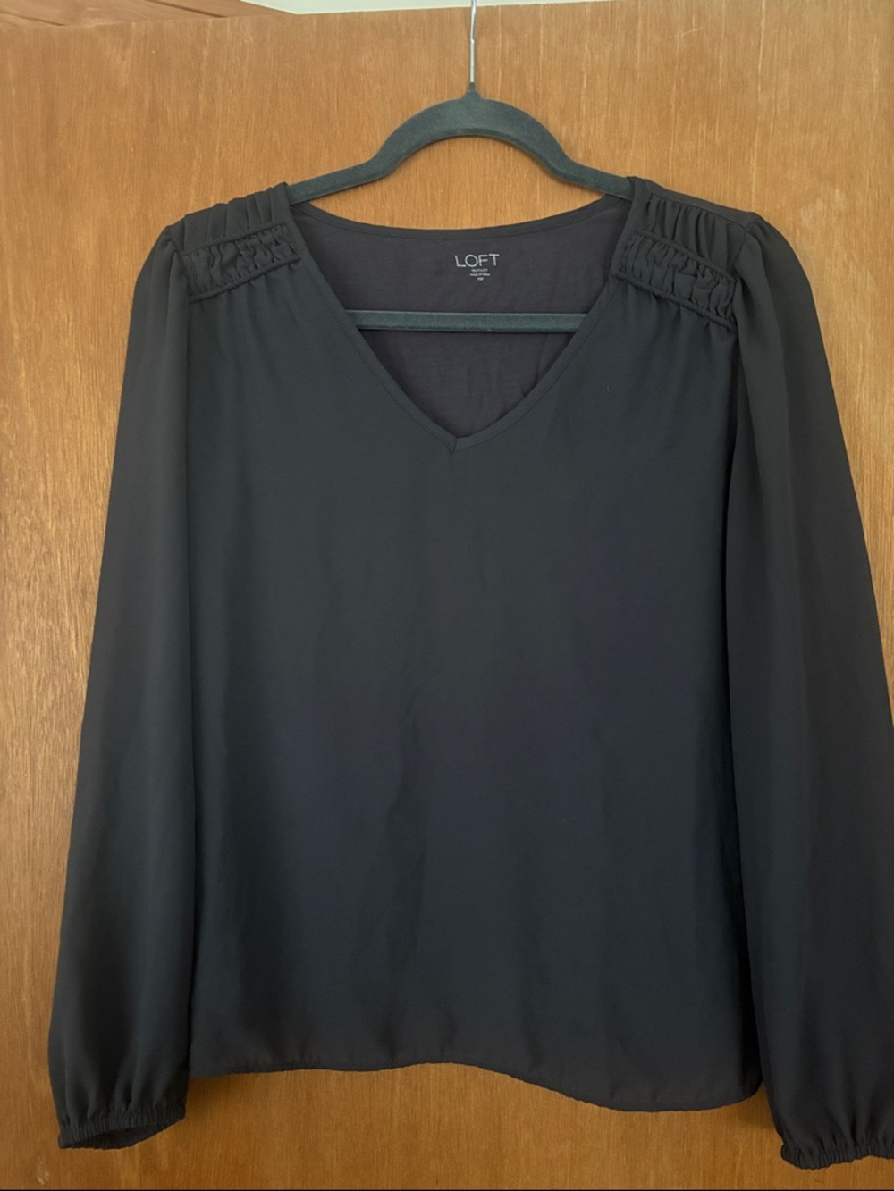 LOFT Black V-Neck Long Sleeve Blouse with Shoulder Ruching